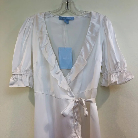 Hill House 100% Silk Nima Satin White Ruffled Sheer V Neck Wrap Mini Dress S NWT - Picture 5 of 11